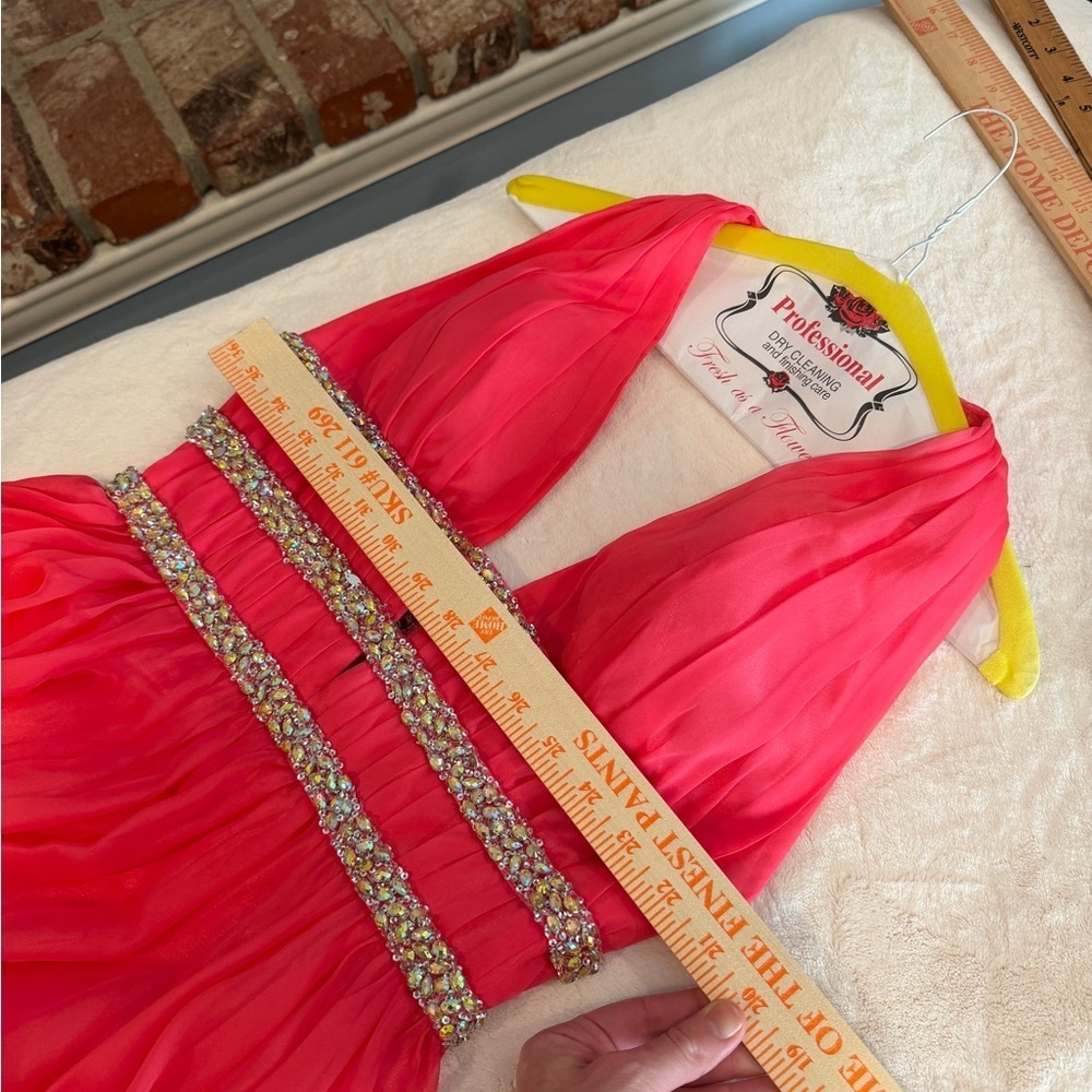 Elegant Coral Pink Backless Rhinestone Evening Gown - Picture 6 of 13